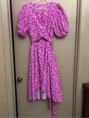 Lilly Pulitzer Pink Floral High-Low Puff Sleeve Wrap Dress